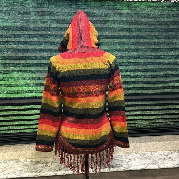 Alpaca Fina Women’s Hooded Pullover Striped w Fringe 100% Alpaca Wool Sweater XS - Picture 3 of 9